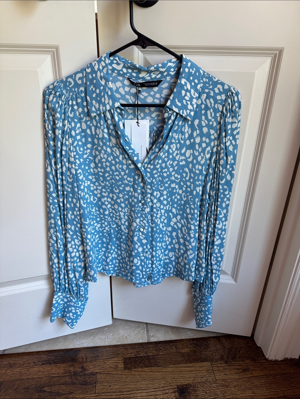 Zara Blue and White Animal-Print Button-Down Blouse